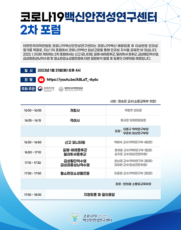 대한민국의학한림원 코로나19백신안전성연구센터 제2차 포럼 개최